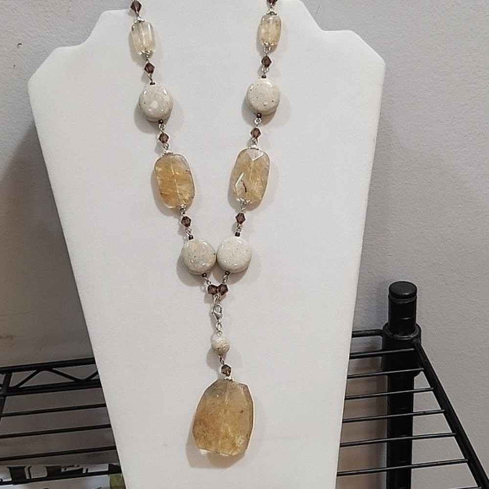 Premier Designs Vintage Silver Oatmeal & Ale Stones Statement Necklace 18.5"